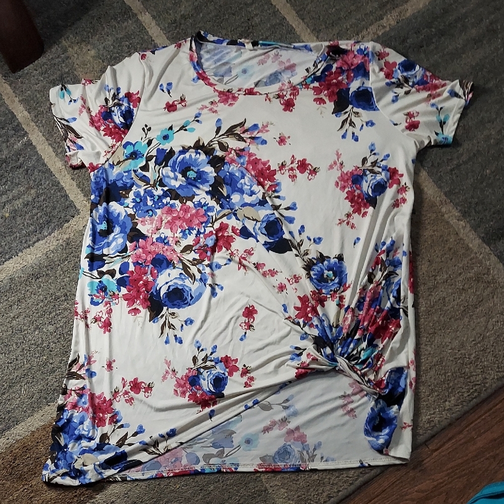 Bellamie Blue and Red Floral Short Sleeve Top
